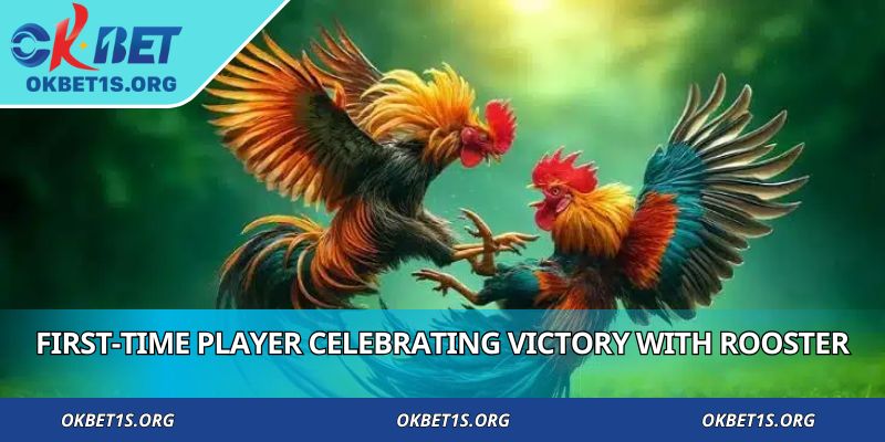 First-time player Real Money Cockfighting Games celebrating victory with rooster
