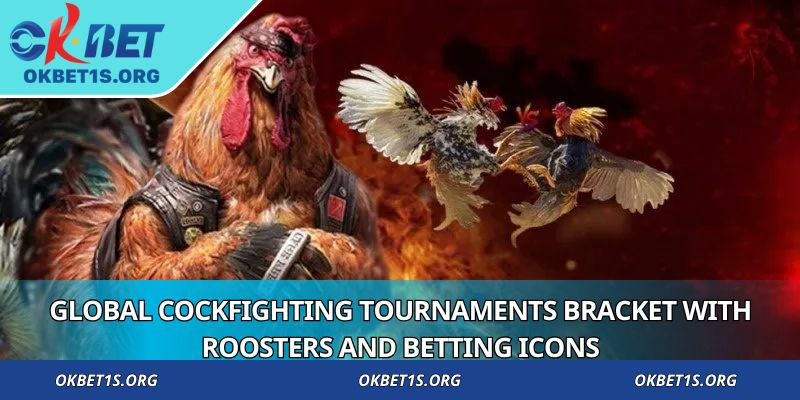 Global Cockfighting Tournaments bracket with roosters and betting icons