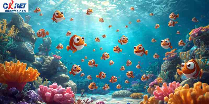 Colorful underwater fish shooting game interface with cannons and moving sea creatures